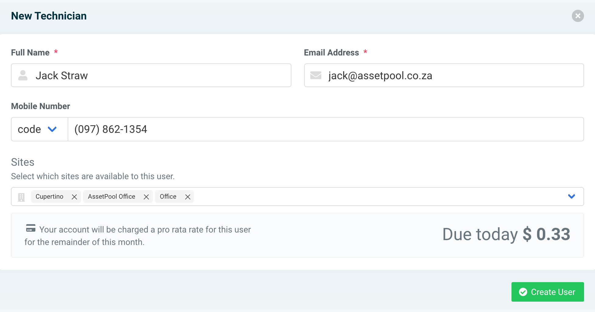 assetpool technician create user